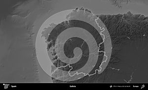 Galicia outlined, Spain. Grayscale