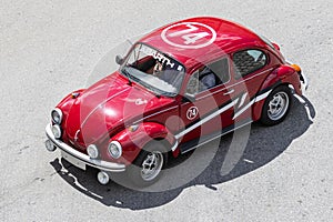 High angle view of Volkswagen Beetle Sport a classic car driving on a road
