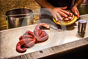 Melide, Spain - Galician Style Boiled Squid Octopus Being Prepared in one of the Traditional Restaurants in Melide, Spain photo