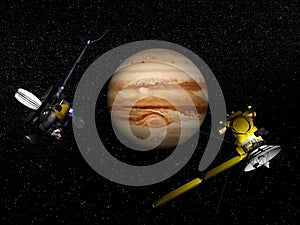 Galileo and Cassini spacecraft next to Jupiter - 3D render