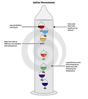 Galileo thermometer showing liquid filled glass bulbs indicating