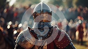 A gallant knight adjusts helmet back towards the camera as prepares for turn in the jousting tournament. The heat and .