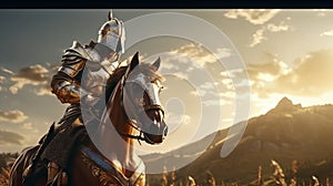 Gallant Knight: Illustration of Shiny Armored Warrior on Horseback photo