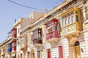 Gallarija, closed balconies, typical of Malta, of various colours