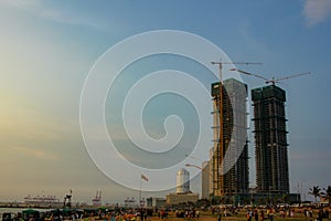 Galle face,Colombo/Sri Lanka-01 Novembe 2018: Aerial view of Colombo, Sri Lanka modern buildings with coastal promenade area. Car