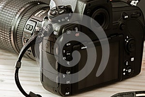 Galle, Sri Lanka - 02 17 2021: Nikon D850 DSLR camera, touch LCD display, and back dials with the viewfinder. Modern 46 megapixel