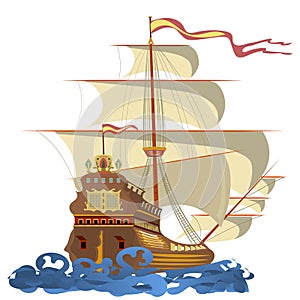 Galleon. Big ship is sailing on the waves. Colorful vector illustration