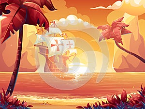 Galleon with crimson sun, sunrise or sunset on the sea