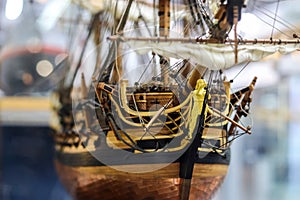 Galleon model detail made of wood.