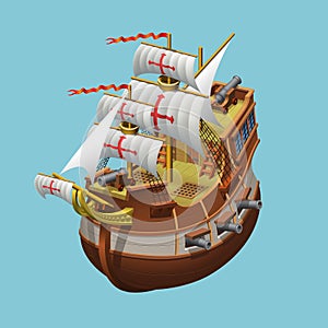 Galleon sailing old ship axonometric vector illustration