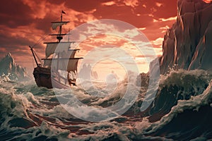 Galleon Sailing Through Rough Sunset Seas