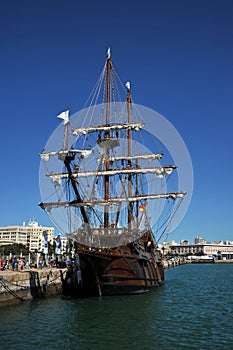 Galleon in the seaport of the ancient city of Cadiz.