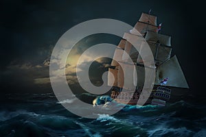 Galleon ship in the stormy ocean