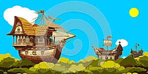 Galleon ships tree houses forest canopy vector graphics illustration