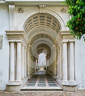 The forced perspective gallery by Francesco Borromini in Palazzo Spada, in Rome, Italy. photo