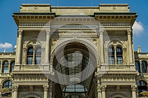 Galleria Vittorio Emanuele II under the sunlight and a blue sky in Milan in Italy