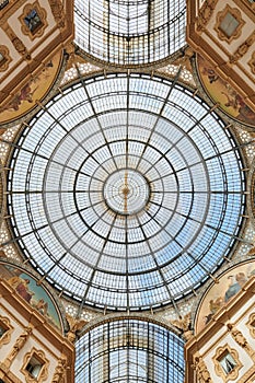 Galleria Vittorio Emanuele, low angle interior view in a sunny day,Milan, Italy