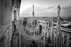 Galleria Vittorio Emanuele view from Duomo roof terrace Milan Italy - black and white image