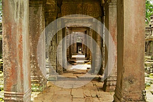 Gallery with columns at the ruins of the Preah Khan temple in Siem Reap, Cambodia.