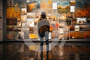 Gallery goer absorbed, appreciating art in exhibition with focused enthusiasm photo