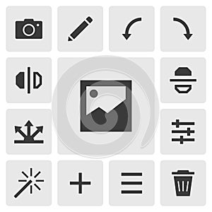 Gallery icon vector design. Simple set of photo editor app icons silhouette, solid black icon. Phone application icons concept