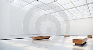 Gallery interior with blank picture frames spot lights and natural sunlights. 3d rendering