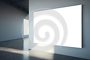 Gallery interior blank white billboard in empty room Mockup. Generative AI