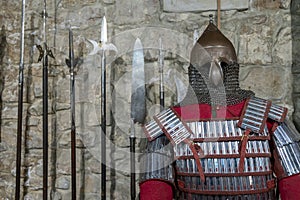 Gallery of knight's armor. Knight's iron armor in the museum