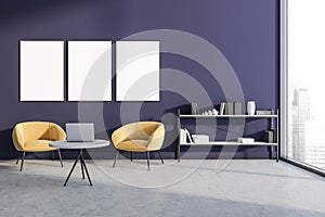 Gallery room interior with three white empty posters