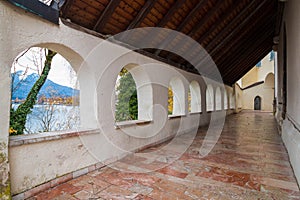 Gallery terrace of St.Wolfgang pilgrimage church in austrian alpine town St.Wolfgang
