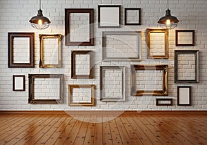 Gallery wall of empty picture frames on white brick wall