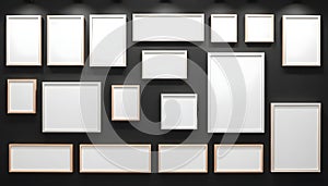 Gallery wall mockup with multiple blank frames on dark textured wall