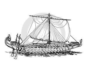 Galley of the ancient Greeks. Wooden sailboat with oars. Graphic hand drawing. Vector