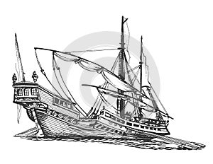 Galley of the ancient. Wooden sailboat with oars. Graphic hand drawing. Vector