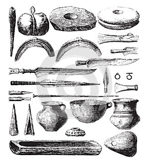 Gallic instruments, Objects discovered in the lakes of Switzerland, Plate III, vintage engraving