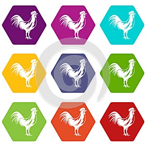 Gallic rooster icon set color hexahedron