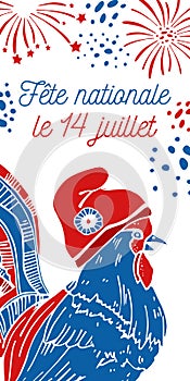 Gallic rooster in phrygian cap. Symbol of France and fireworks. Bastille Day design template. Title