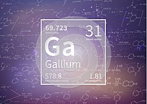 Gallium chemical element with first ionization energy, atomic mass and electronegativity values on scientific background