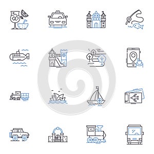 Gallivanting sightseers line icons collection. Adventure, Wanderlust, Discovery, Exploration, Excursion, Tourism photo