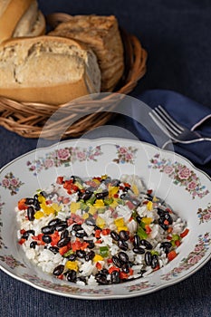 Gallo pinto, traditional Nicaraguan food on blue tablecloth