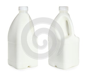 Gallon bottles of milk on white background, collage