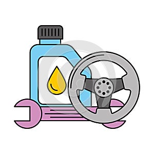 Gallon oil wheel and wrench automotive service