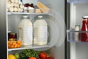 Gallons of milk and different products in refrigerator, closeup