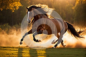 Gallop of Freedom: 3D Rendered Illustration of a Majestic Horse Racing Through the Jungle Against a Vibrant Red Sky