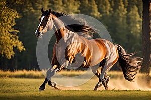 Gallop of Freedom: 3D Rendered Illustration of a Majestic Horse Racing Through the Jungle Against a Vibrant Red Sky