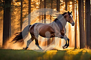 Gallop of Freedom: 3D Rendered Illustration of a Majestic Horse Racing Through the Jungle Against a Vibrant Red Sky