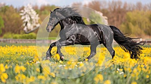 Galloping black horse in a field of yellow flowers
