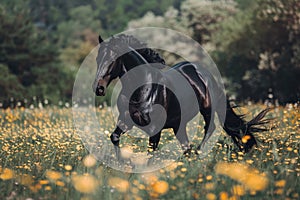 Galloping black horse in a field of yellow flowers