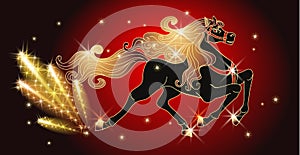 Galloping black horse with golden mane