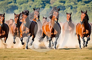 Galloping Glory: Brown Horse Herd in a Breathtaking Run.